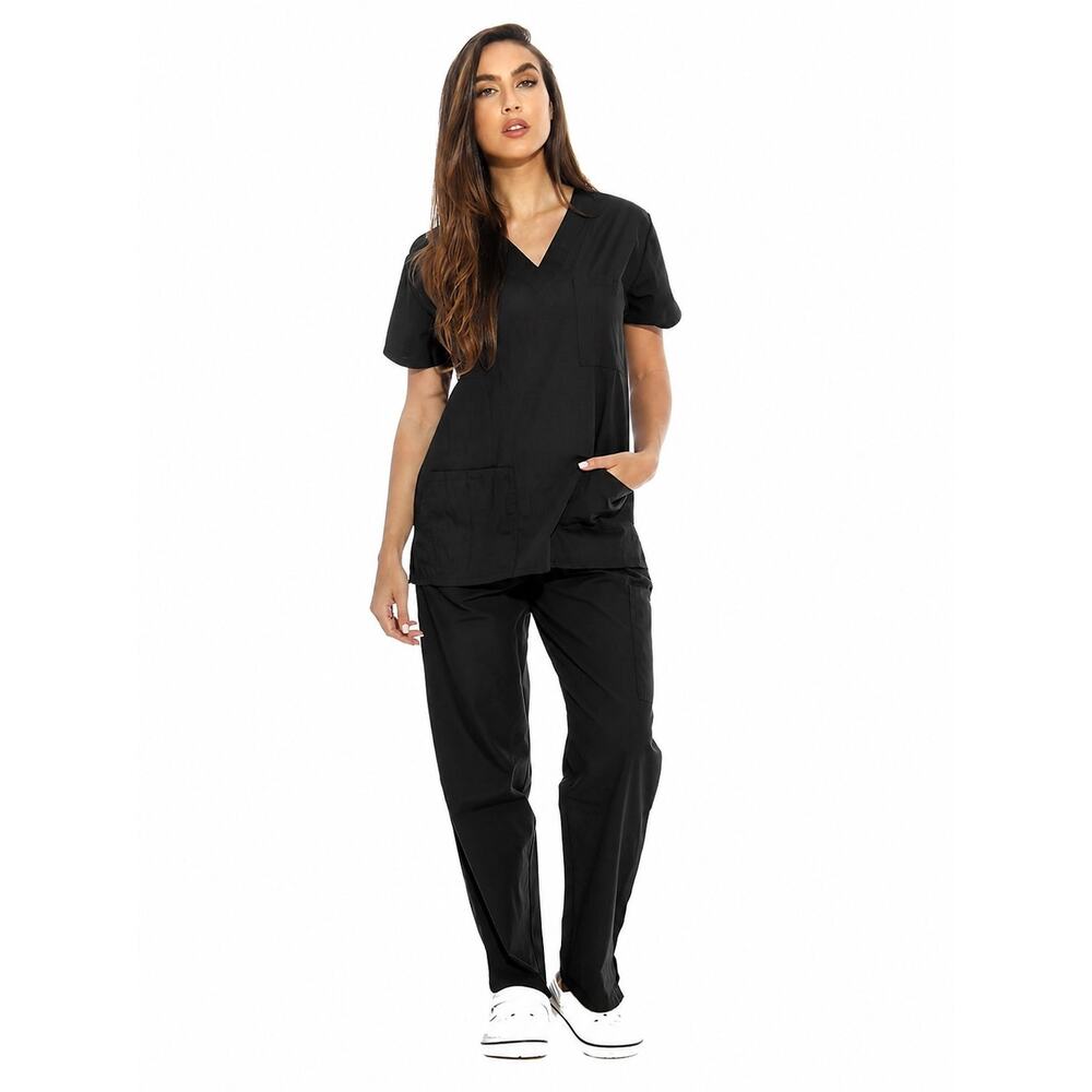 Just‎ Love Black Scrub Set V-Neck Cargo Pants 6 Pocket Nursing Uniform XL 22206V
